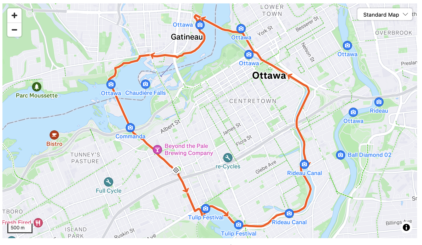 Cycling around Ottawa. Rideau Canal, Alexandria Bridge, Sentier des Voyageours and Trillium Path
