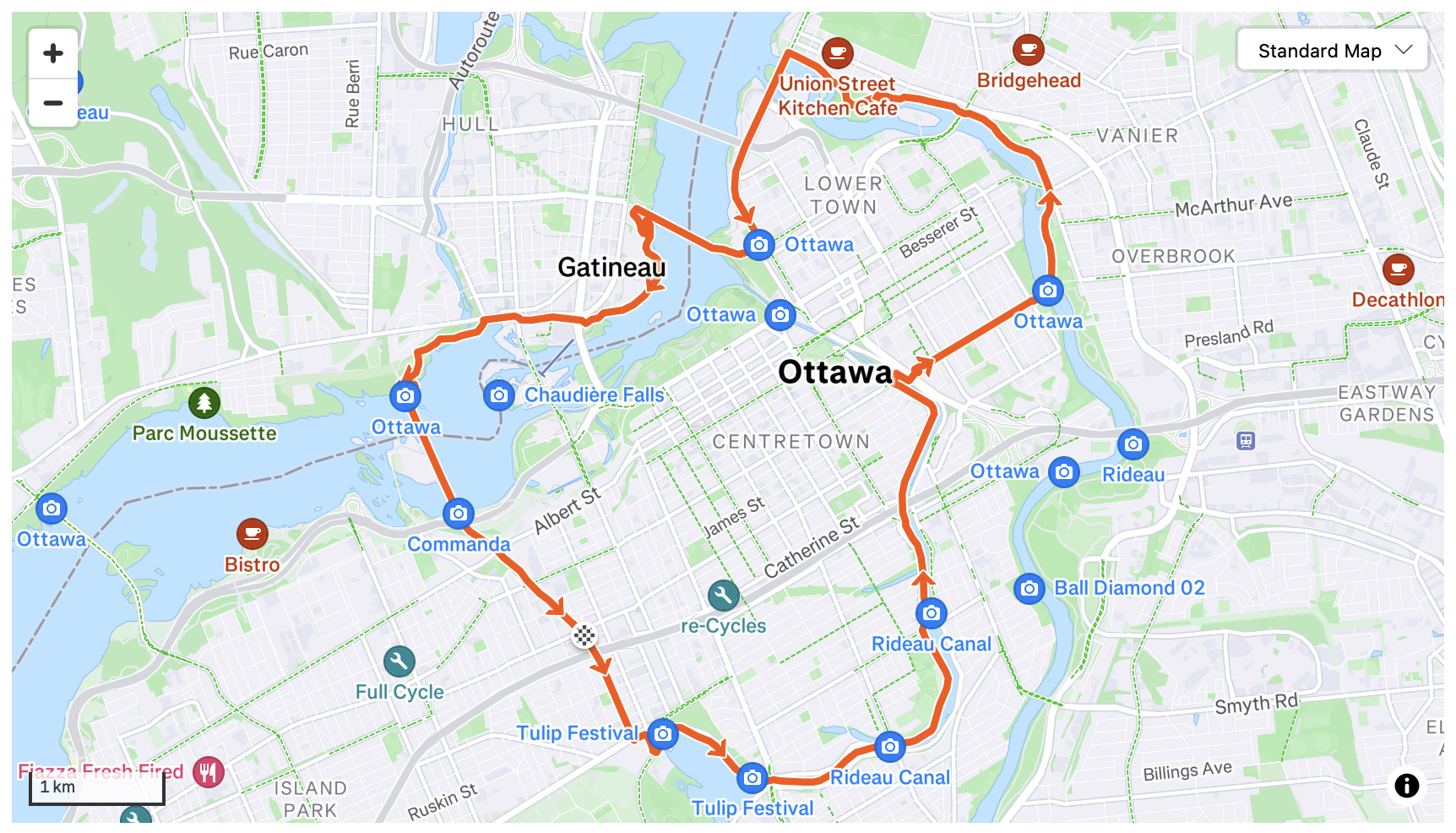 Cycling around Ottawa. Rideau Canal, Corktown Bridge, through Sandy Hill, Rideau River, Sentier des Voyageours and Trillium Path