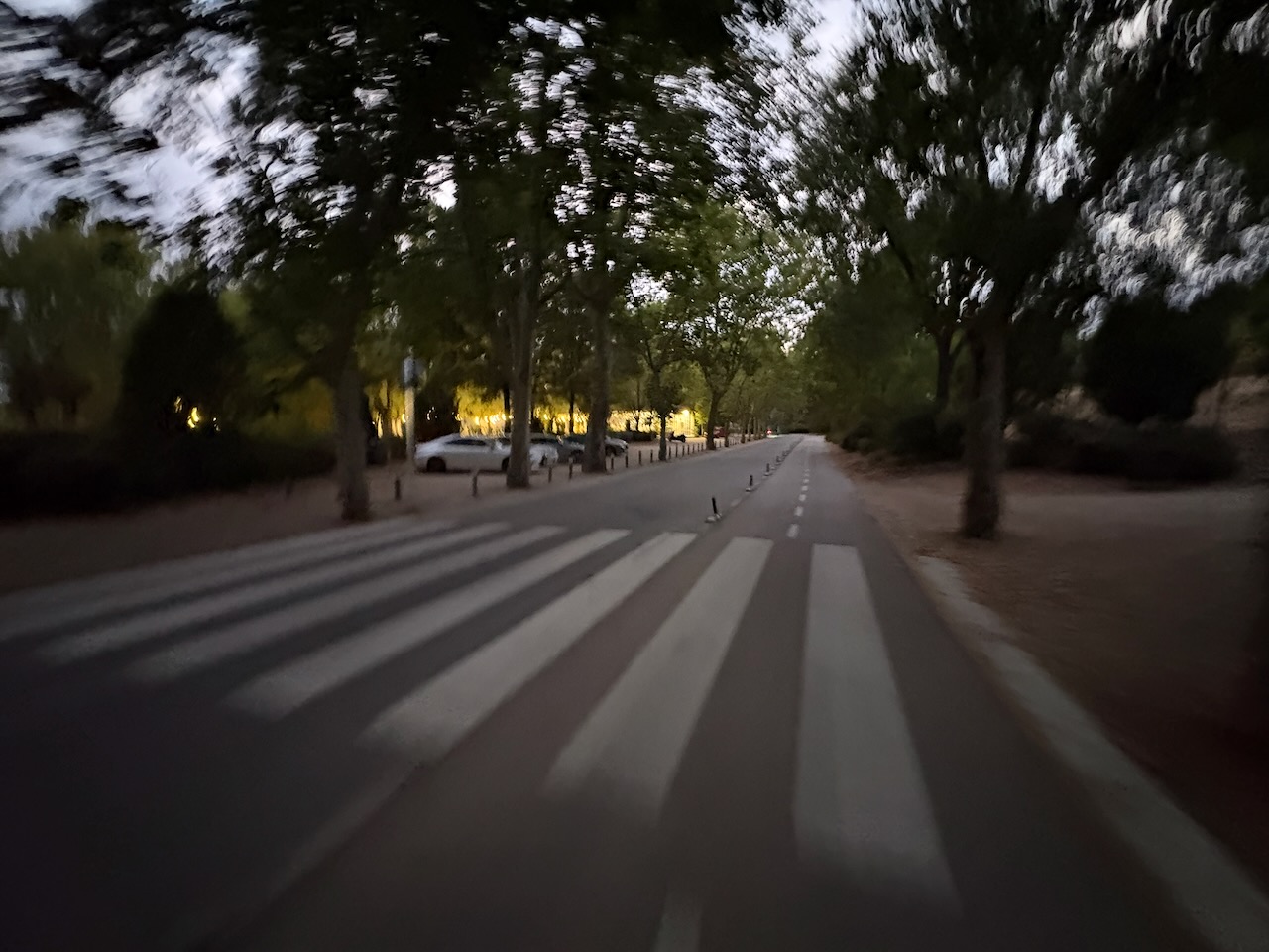 A tree-lined street with a crosswalk and parked cars under a cloudy sky.